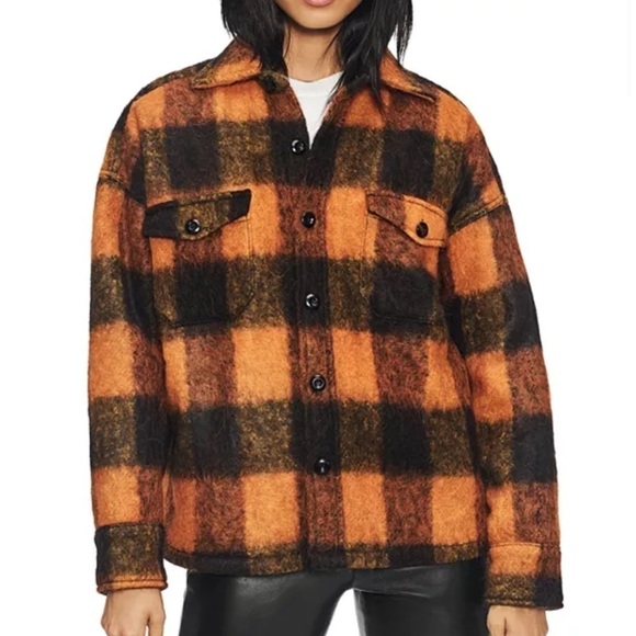 ANINE BING Samone Plaid Trucker Jacket Orange black wool button front coat - Picture 3 of 13